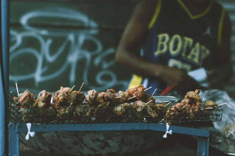 Grilled street food skewers in the Philippines